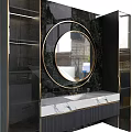 Modern Washbasin Vanity With Round Mirror Marble Countertop And Black Gold Accents