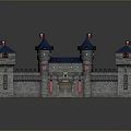 Detailed 3D Castle Model With Blue Roofed Towers Stone Walls And Flags