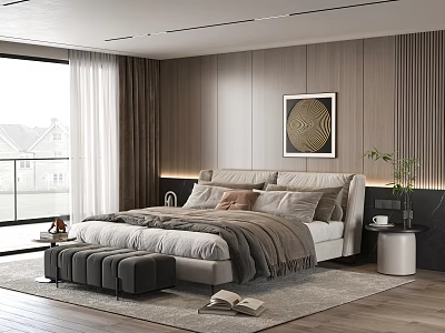 Modern Bedroom Interior With Wooden Panel Walls Large Bed And Floor to Ceiling Windows 3d model