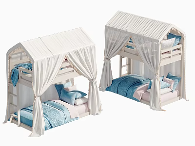Kids Bunk Bed With Tent Like Canopy White Frame And Blue Bedding 3d model