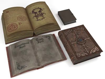 Ancient Leather Bound Books Open And Closed With Intricate Manuscript Designs 3d model