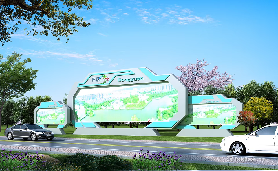 Outdoor Springtown Billboard Displaying Green Landscape With Trees And Cars On Roadside Under Blue Sky 3d model 