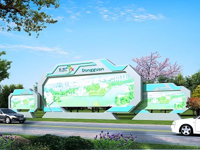 Outdoor Springtown Billboard Displaying Green Landscape With Trees And Cars On Roadside Under Blue Sky 3d model