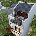 Stylish Two Story Detached Villa With White Exterior Balcony Flowers Arched Entrance And Green Trees