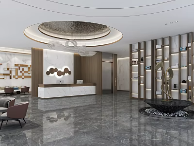Luxurious Hotel Lobby Interior With Marble Floor Reception Desk Chandelier And Seating Area 3d model
