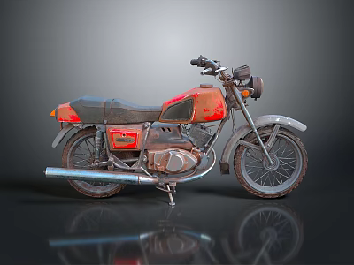 Vintage Rusted Red and Gray Motorcycle Featuring Classic Body Seat Exhaust and Wheels 3d model