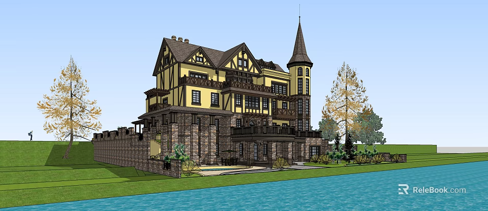 European Mansion With Pointed Tower Yellow Brown Exterior Stone Wall Lawn Trees Water View 3d model 