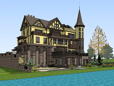 European Mansion With Pointed Tower Yellow Brown Exterior Stone Wall Lawn Trees Water View 3d model