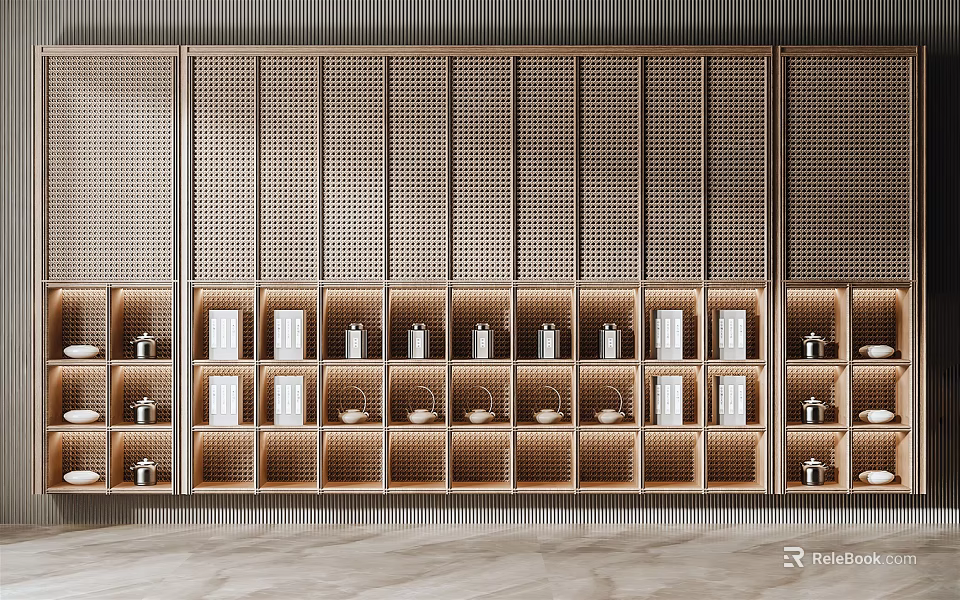 Elegant Decorative Cabinet with Lattice Design Displaying Teacups and Boxes Inside 3d model
