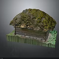 Thatched Roof Wooden Cabin Structure With Moss Covered Top And Green Plants Around Base