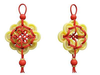 Pair of Traditional Chinese Knots With Yellow Rings Red Cord And Tassels 3d model