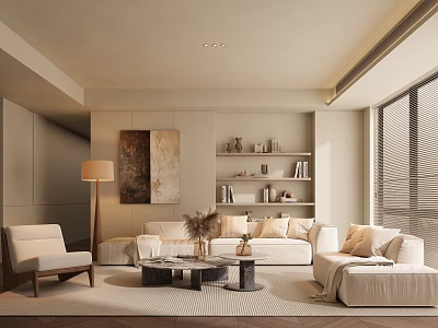 Modern Living Room Interior With Sofa Coffee Table Bookshelf Floor Lamp And Decorative Painting 3d model