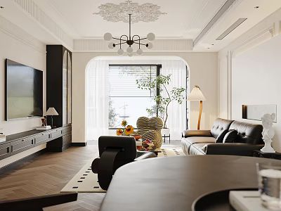 Modern Living Room Dining Area With Leather Sofa Wooden Floor Green Plant And Pendant Light 3d model