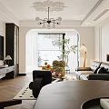 Modern Living Room Dining Area With Leather Sofa Wooden Floor Green Plant And Pendant Light
