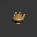 Golden Teapot Shaped Sculpture with Intricate Patterns and Decorative Handles on Stable Base