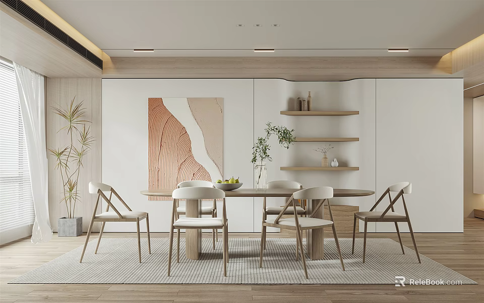 Modern Restaurant Interior Design With Round Dining Table Chairs Decorative Painting And Potted Plants 3d model 