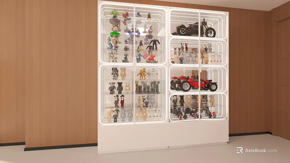 Modern White Action Figure Display Cabinet With Multiple Shelves And Toy Models 3d model 