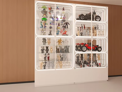 Modern White Action Figure Display Cabinet With Multiple Shelves And Toy Models 3d model