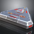 Futuristic Triangular Metallic Tech Device with Red Orange Accents and Central Emblem Panel 3d model