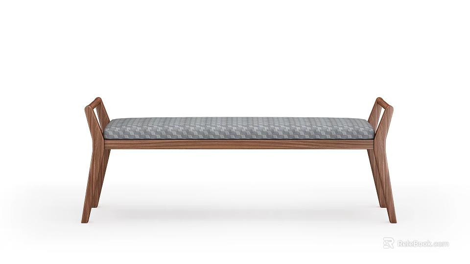 Minimalist Wooden Bench Design With Plaid Cushion And Curved Armrests 3d model 