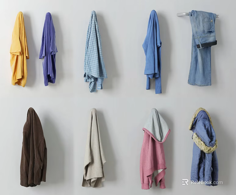 Various Colored Clothes Hung On Wall With Different Styles Including Denim Jacket And Hooded Coat 3d model 