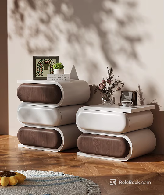 Modern White And Brown Dresser With Curved Drawers Decorative Vase Photo Frame And Green Plant 3d model 