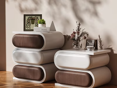 Modern White And Brown Dresser With Curved Drawers Decorative Vase Photo Frame And Green Plant 3d model