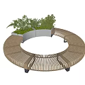 Outdoor Circular Slatted Wooden Landscape Bench With Planter And Lush Green Plants
