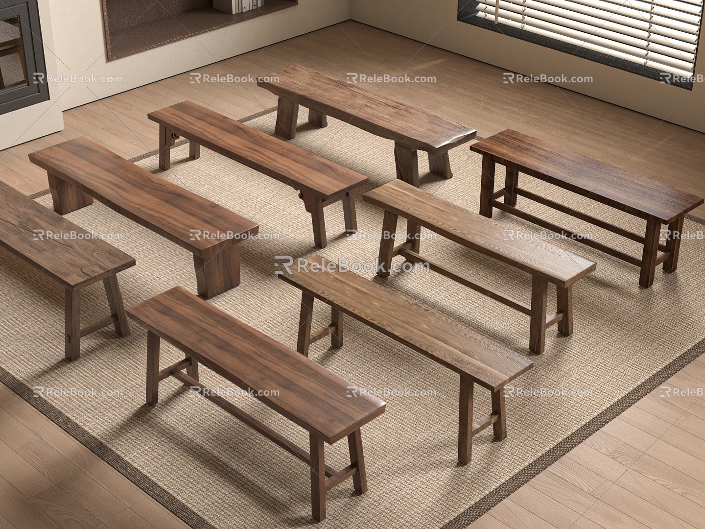 New Chinese Style Bench Bench Stool Solid Wood Stool Low Stool Bench 3d model