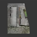 Cartoon Scene of Old Multi Story Building With Staircase Moss Covered Base and Gravel Ground