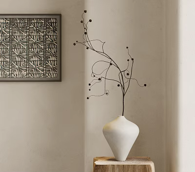 Elegant White Ceramic Vase With Twig Branches And Black Berries In Corner On Light Wall 3d model