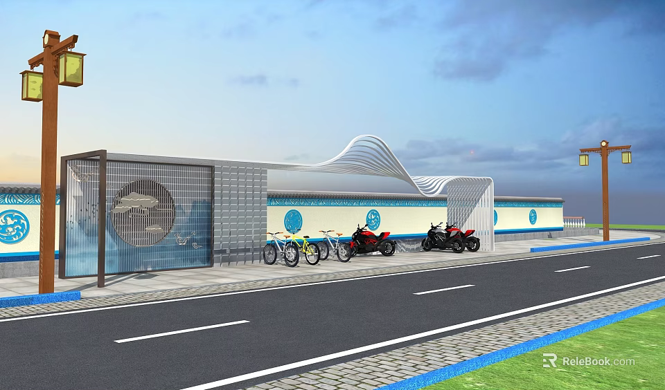 Modern Bicycle And Motorcycle Parking Area With Wave Roof And Decorative Wall 3d model 