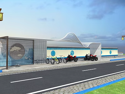 Modern Bicycle And Motorcycle Parking Area With Wave Roof And Decorative Wall 3d model
