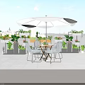 Roof Terrace Garden Landscape With White Umbrella Table Chairs And Colorful Potted Plants