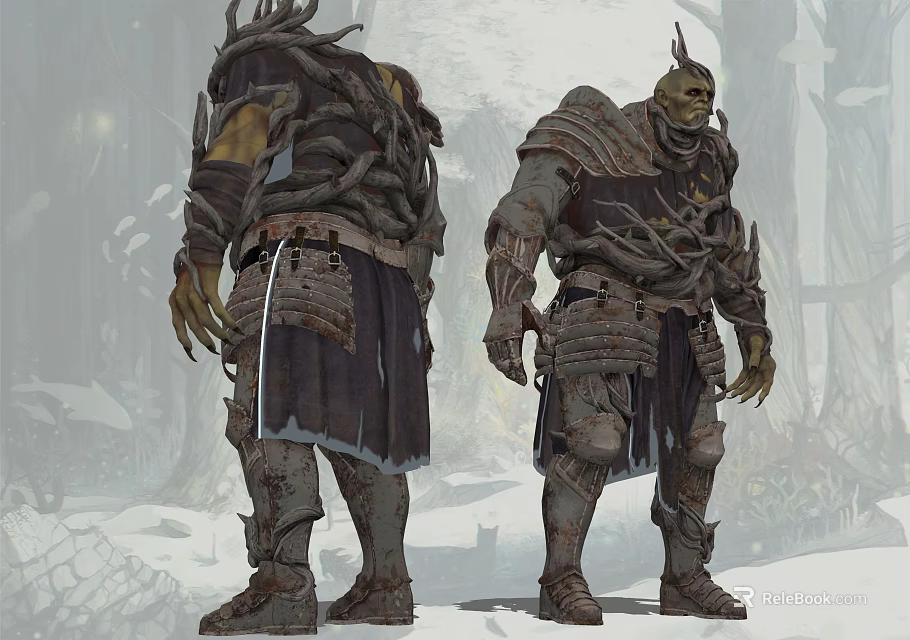 Game Movie Characters With Horned Armor And Tattered Clothing Standing In Snowy Environment 3d model 