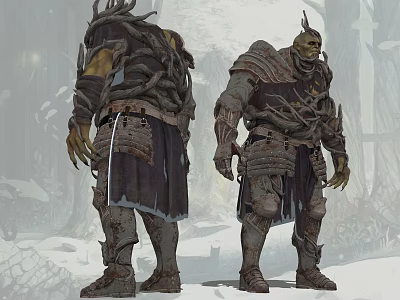 Game Movie Characters With Horned Armor And Tattered Clothing Standing In Snowy Environment 3d model