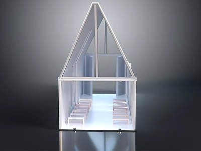 Modern Building With Triangular Roof White Frame Large Windows Bright Interior And Rows Of Benches 3d model