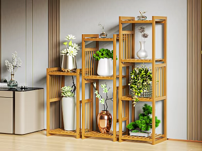 Multi Tiered Bamboo Plant Stands With Green Plants And Decorative Vases For Garden Decor 3d model