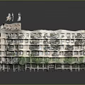 Unique Architectural Landscape With Multi Floor Building Model Balconies Green Base And Top Sculptures