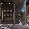 Elegant Clubhouse Interior Featuring Wooden Tables Stone Wall Green Plants And Hanging Lights