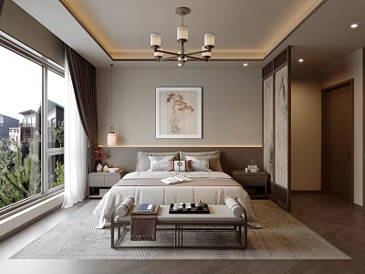 Modern Bedroom Interior With Large Windows Curtains Chandelier Bedside Art Bench And Rug 3d model