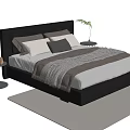 Double Bed with Leather Headboard Multiple Pillows Plaid Blanket Bedside Table and Lamp Light Rug 3d model
