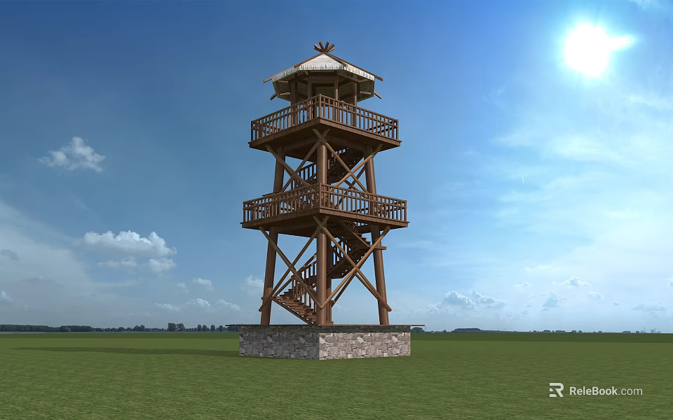 Wooden Observation Tower With Multiple Platforms Staircase And Stone Base In Open Grassland 3d model 