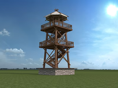 Wooden Observation Tower With Multiple Platforms Staircase And Stone Base In Open Grassland 3d model