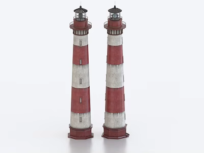 Two Tall Red And White Striped Lighthouses With Lantern Tops And Classic Design 3d model