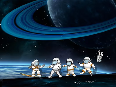 Astronauts Spacewalking Near Saturn Rings With Stars In Outer Space 3d model