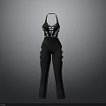 Black High Waisted Flared Jumpsuit With Lace Up Front And Ruffled Details