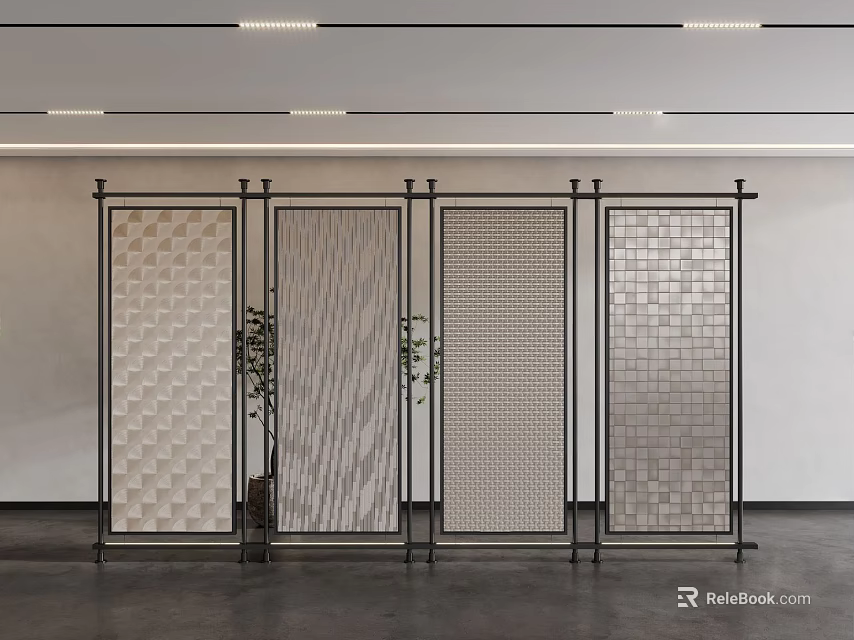 Modern Room Divider With Multi Panel Design Geometric Patterns Black Frame And Indoor Plant 3d model