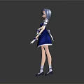 Game And Movie Character With Blue Gray Hair Wearing Blue White Maid Outfit Holding Mop