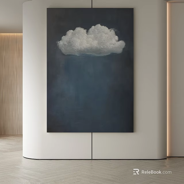 Abstract Painting Hanging On Wall With White Cloud And Dark Blue Background In Modern Interior 3d model 